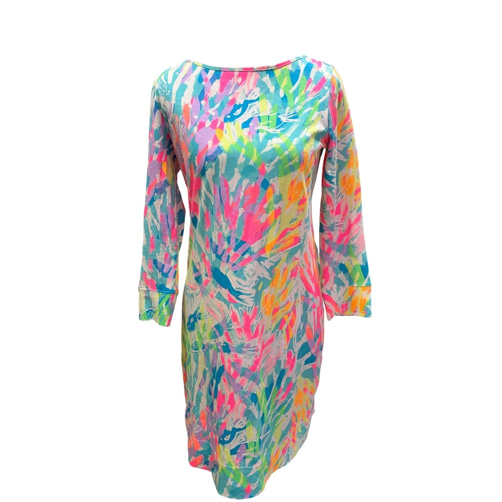 Lilly Pulitzer Tropical Print Fish Coral Dress Pima Cotton 3/4 Sleeve Shift XS